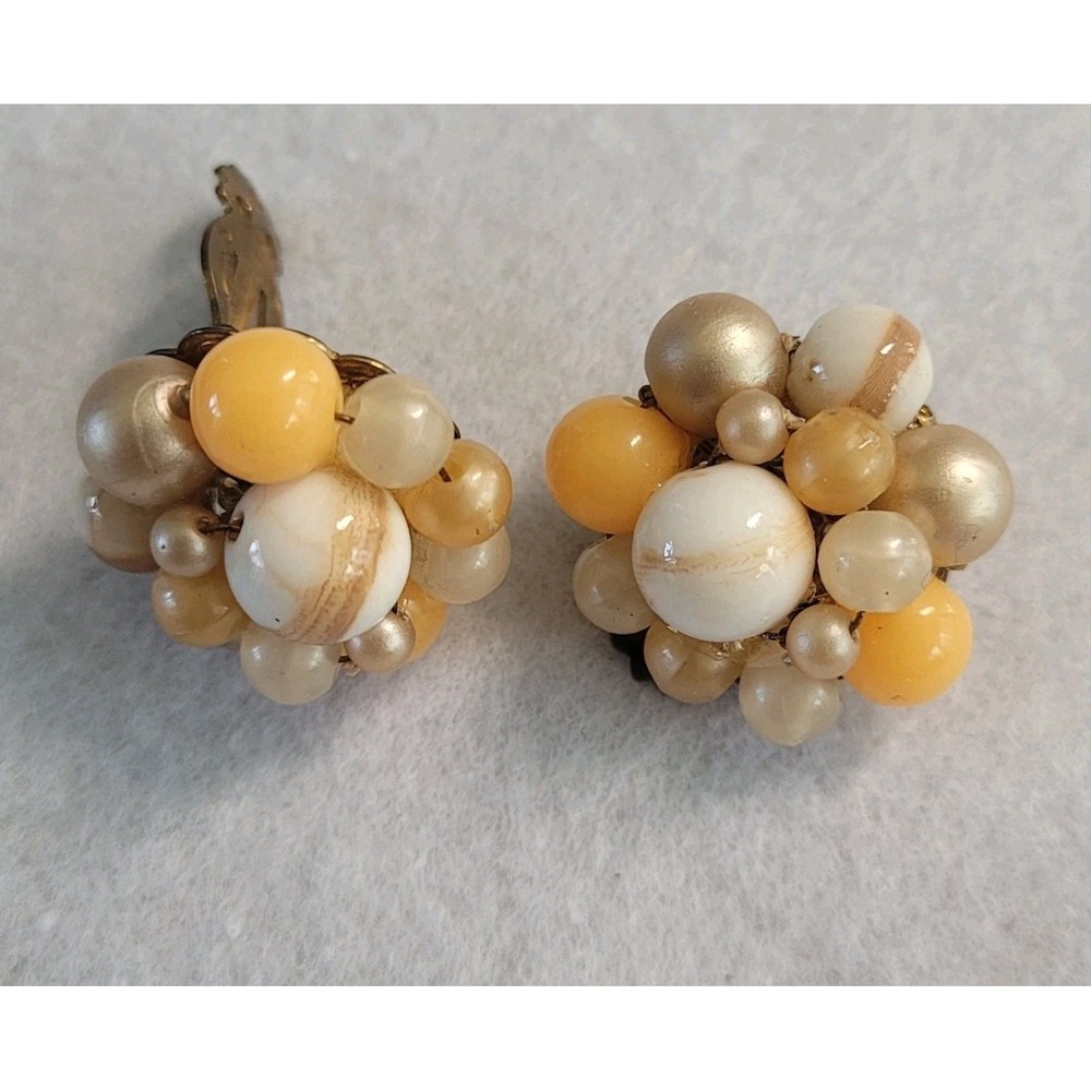Beaded Cluster Clip On Earrings Yellow Cream Gold Tone Retro Maximalist